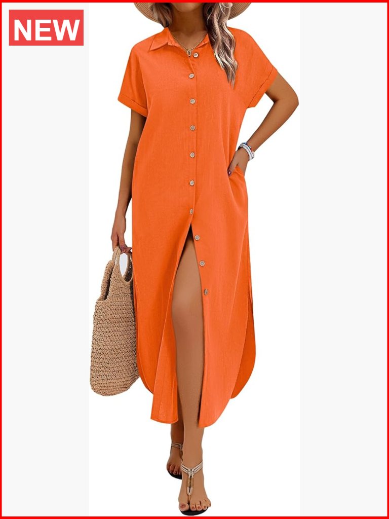 Casual Short Sleeve Button Down Long Shirt Dress With Pockets